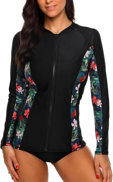 Black Zip-Front Long Sleeve UV-Protective Swim